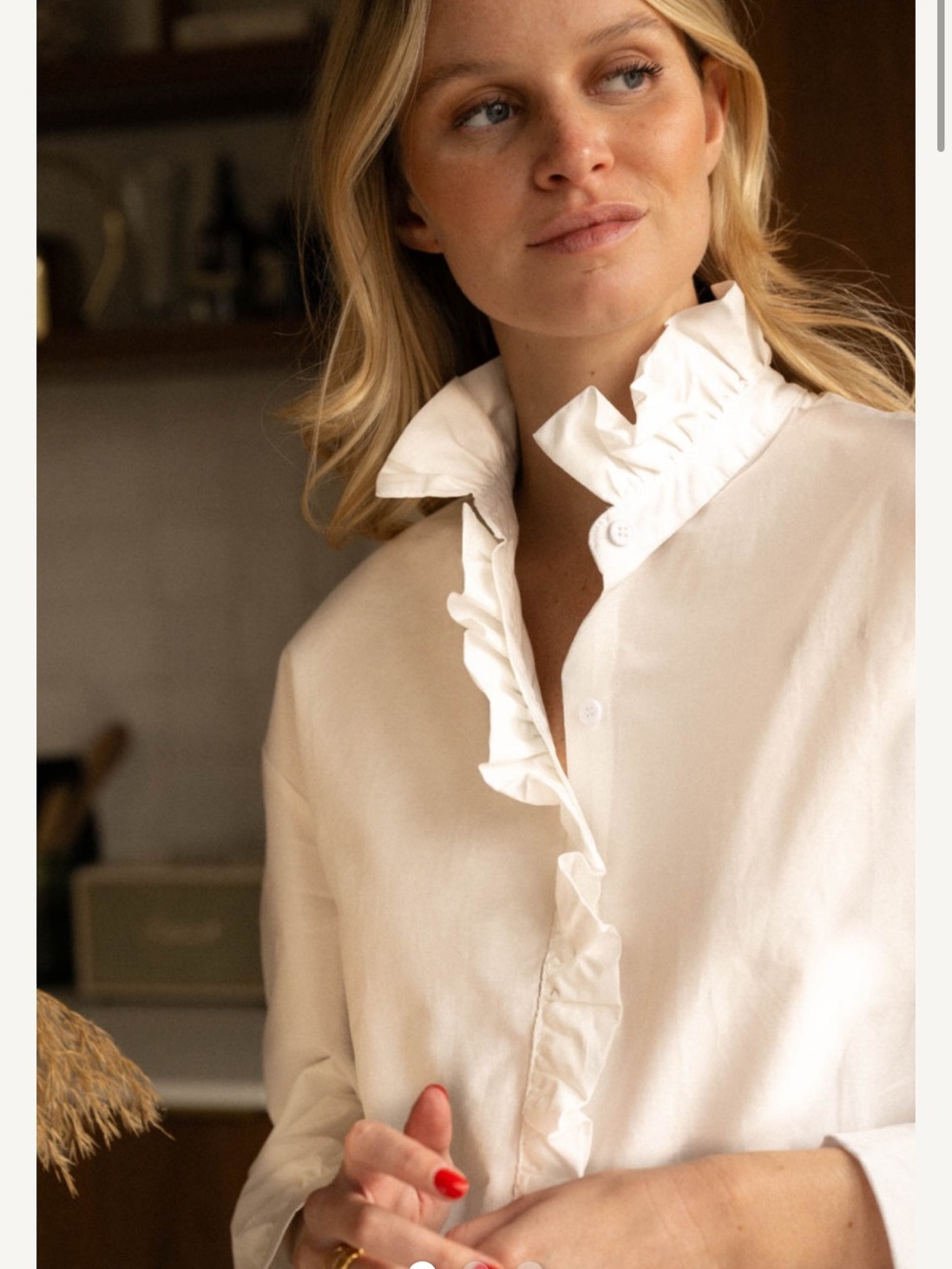 Season Women's White Ruffle-Trim Button Front Blouse